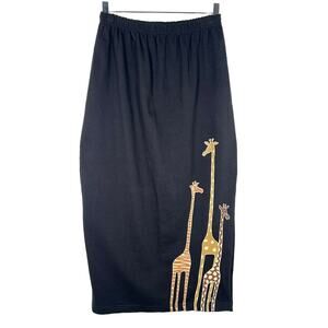 Vintage CITE Women's Maxi Skirt M Black Giraffe Print Pull On Elastic Waist